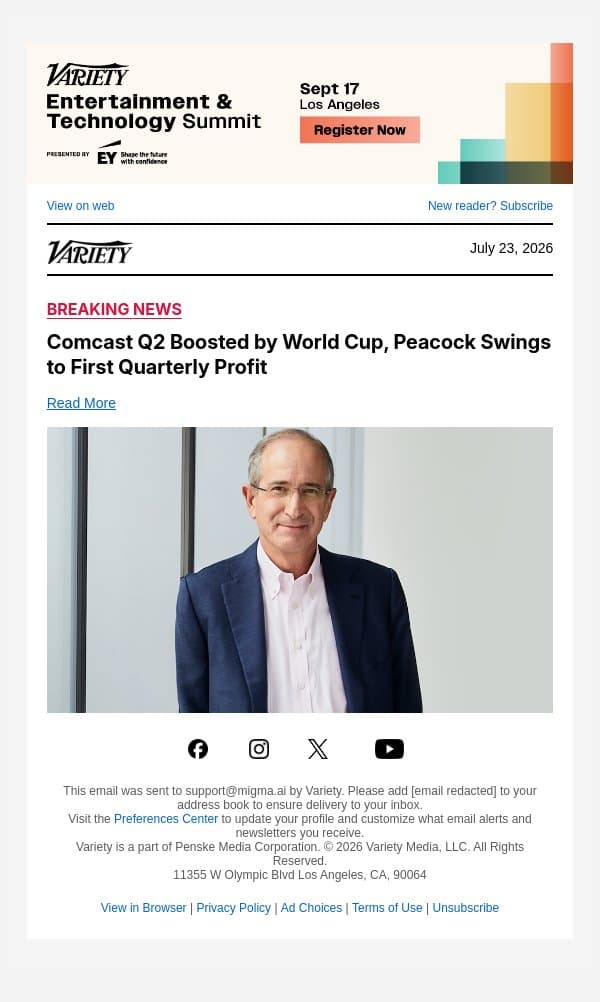 Comcast Q2 Boosted by World Cup, Peacock Swings to First Quarterly Profit email from Variety screenshot