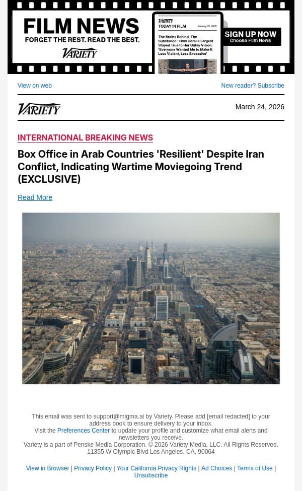 Box Office in Arab Countries 'Resilient' Despite Iran Conflict, Indicating Wartime Moviegoing Trend (EXCLUSIVE) email from Variety screenshot