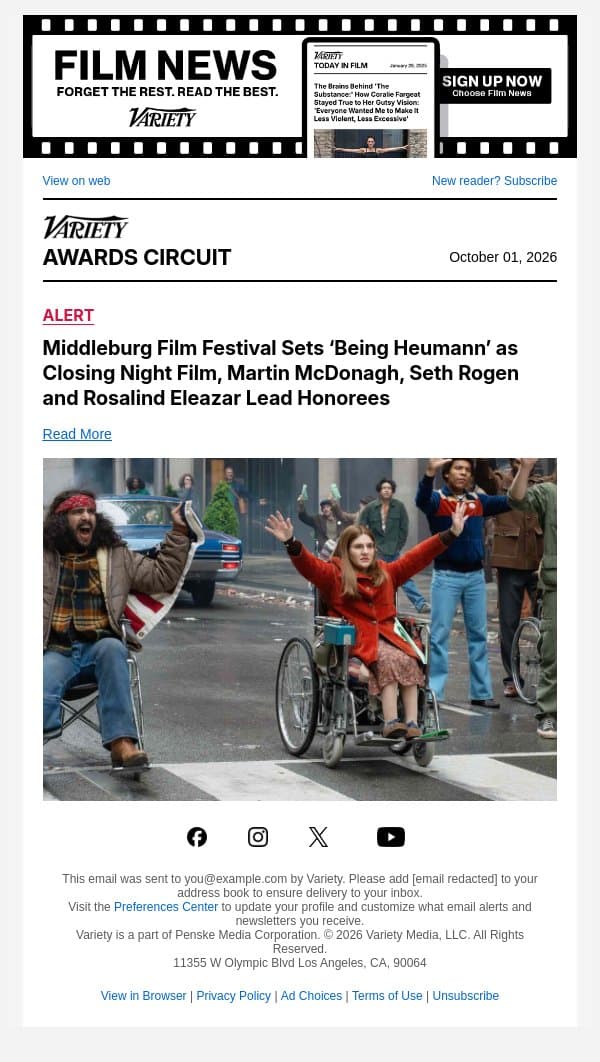 Middleburg Film Festival Sets ‘Being Heumann’ as Closing Night Film, Martin McDonagh, Seth Rogen and Rosalind Eleazar Lead Honorees email from Variety screenshot