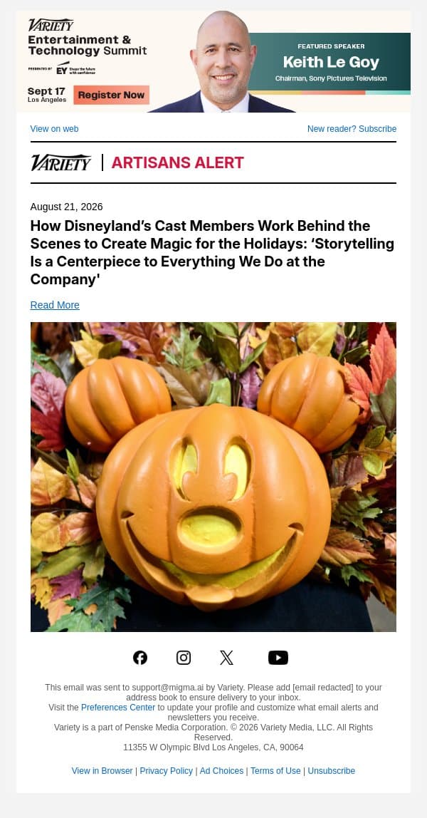 How Disneyland’s Cast Members Work Behind the Scenes to Create Magic for the Holidays: ‘Storytelling Is a Centerpiece to Everything We Do at the Company' email from Variety screenshot