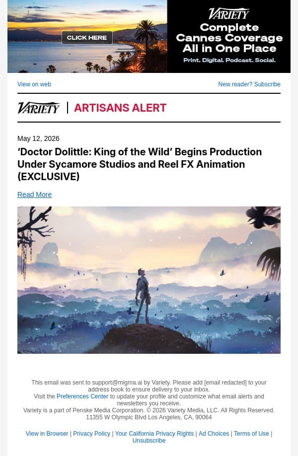 ‘Doctor Dolittle: King of the Wild’ Begins Production Under Sycamore Studios and Reel FX Animation (EXCLUSIVE) email from Variety screenshot