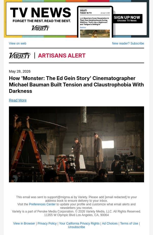 How 'Monster: The Ed Gein Story' Cinematographer Michael Bauman Built Tension and Claustrophobia With Darkness email from Variety screenshot