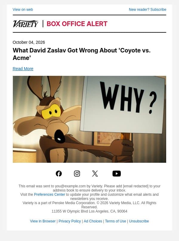 What David Zaslav Got Wrong About 'Coyote vs. Acme' email from Variety screenshot