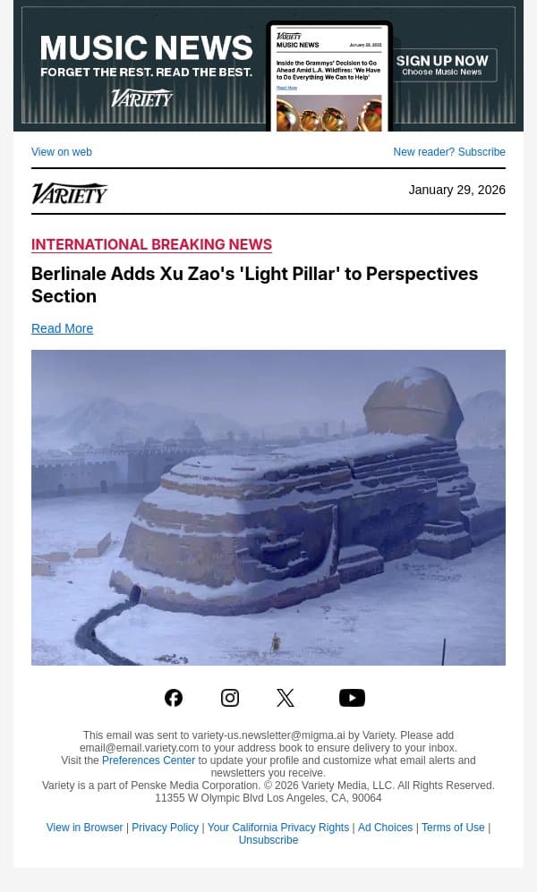 Berlinale Adds Xu Zao's 'Light Pillar' to Perspectives Section email from Variety screenshot