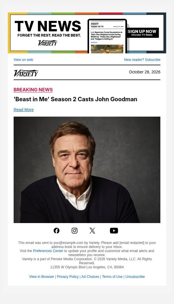 'Beast in Me' Season 2 Casts John Goodman email from Variety screenshot