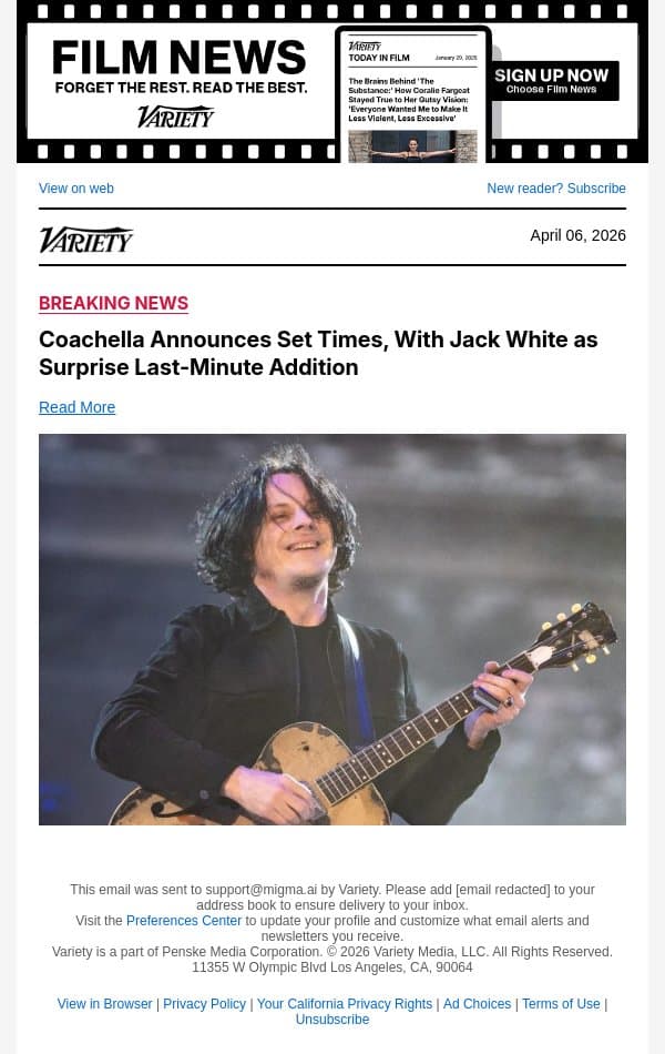 Coachella Announces Set Times, With Jack White as Surprise Last-Minute Addition email from Variety screenshot