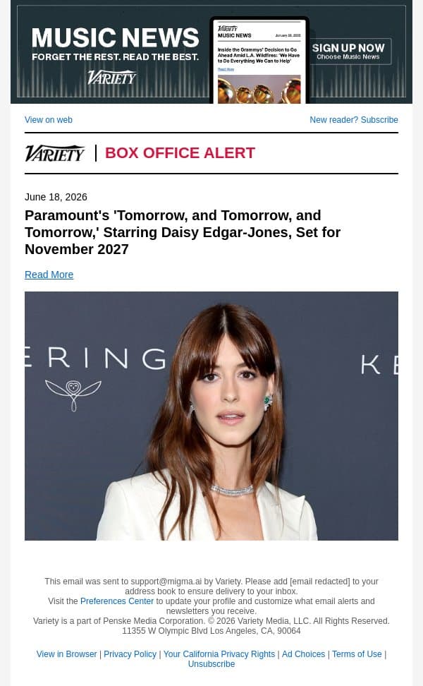 Paramount's 'Tomorrow, and Tomorrow, and Tomorrow,' Starring Daisy Edgar-Jones, Set for November 2027 email from Variety screenshot