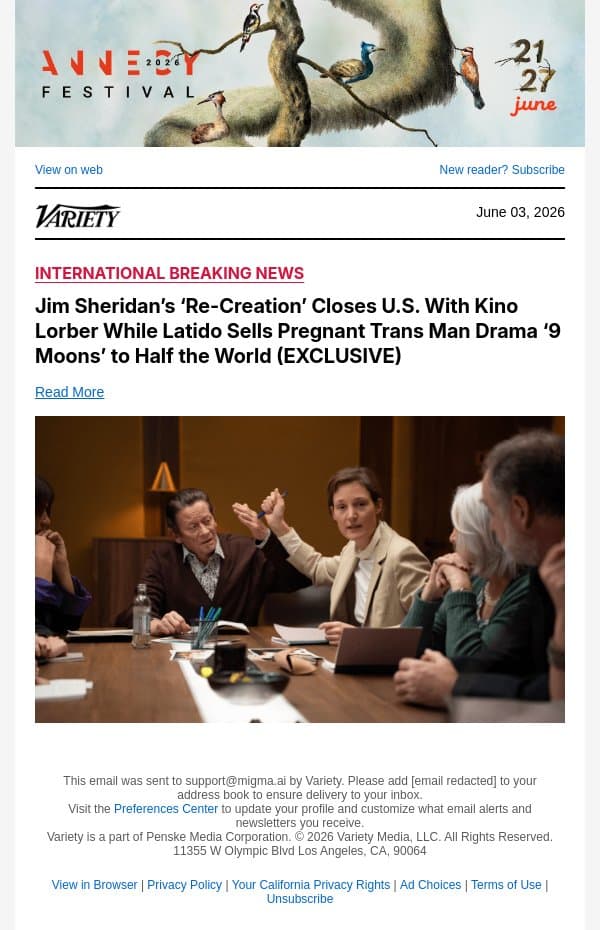 Jim Sheridan’s ‘Re-Creation’ Closes U.S. With Kino Lorber While Latido Sells Pregnant Trans Man Drama ‘9 Moons’ to Half the World (EXCLUSIVE) email from Variety screenshot