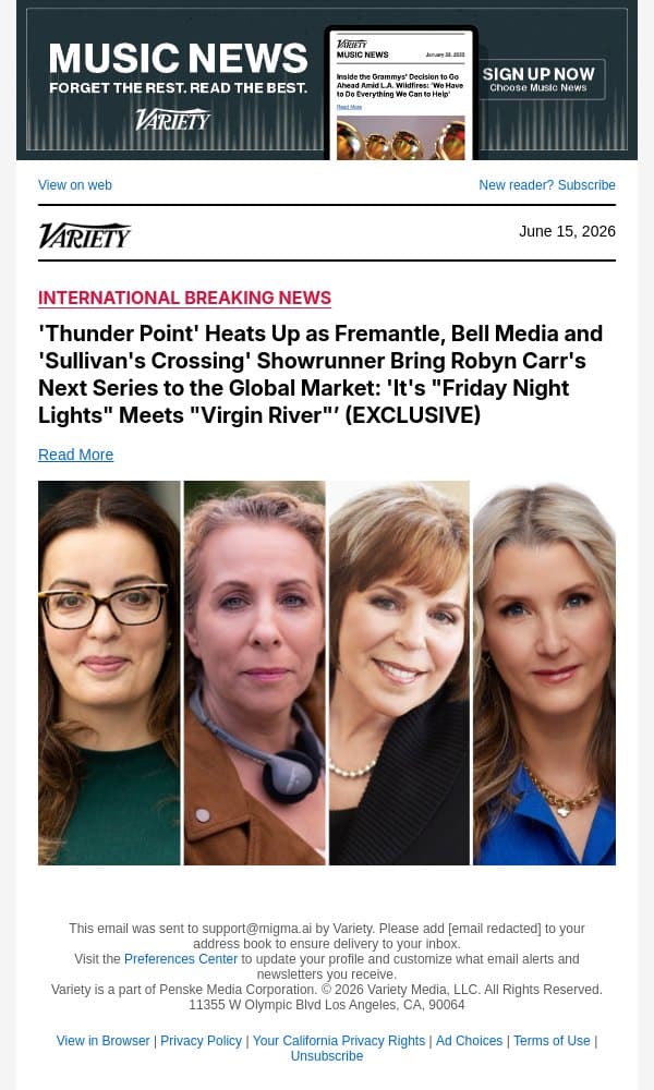 'Thunder Point' Heats Up as Fremantle, Bell Media and 'Sullivan's Crossing' Showrunner Bring Robyn Carr's Next Series to the Global Market: 'It's "Friday Night Lights" Meets "Virgin River"’ (EXCLUSIVE) email from Variety screenshot