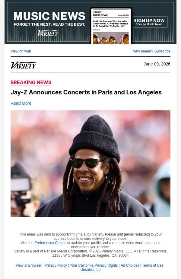 Jay-Z Announces Concerts in Paris and Los Angeles email from Variety screenshot