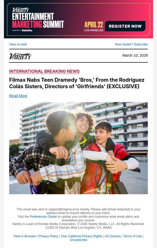 Filmax Nabs Teen Dramedy 'Bros,' From the Rodríguez Colás Sisters, Directors of 'Girlfriends' (EXCLUSIVE) email from Variety screenshot