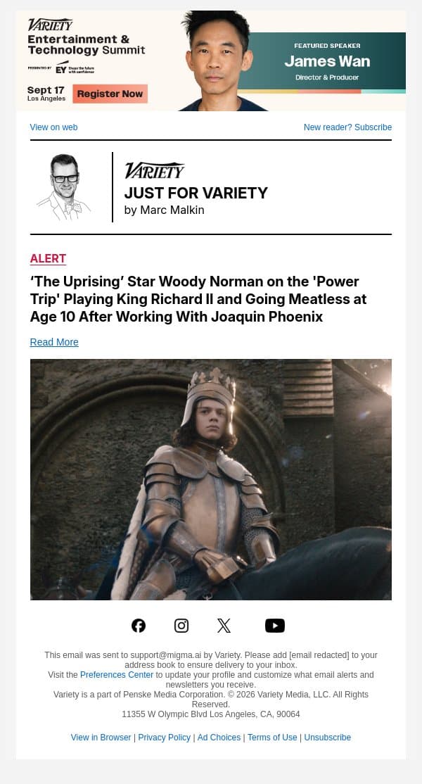 ‘The Uprising’ Star Woody Norman on the 'Power Trip' Playing King Richard II and Going Meatless at Age 10 After Working With Joaquin Phoenix email from Variety screenshot
