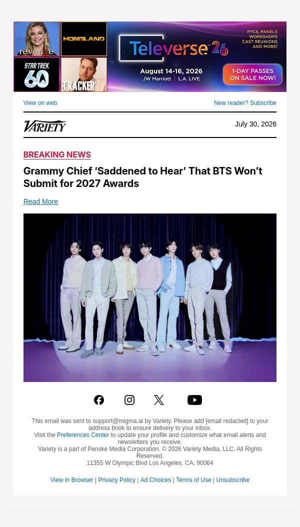 Grammy Chief ‘Saddened to Hear’ That BTS Won’t Submit for 2027 Awards email from Variety screenshot