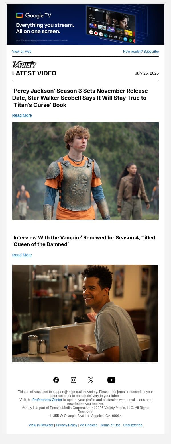 ‘Percy Jackson’ Season 3 Sets November Release Date, Star Walker Scobell Says It Will Stay True to ‘Titan’s Curse’ Book email from Variety screenshot