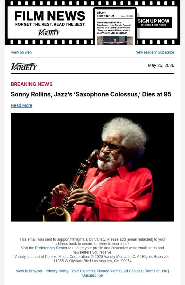 Sonny Rollins, Jazz’s ‘Saxophone Colossus,’ Dies at 95 email from Variety screenshot