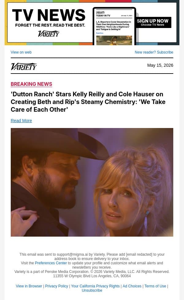 'Dutton Ranch' Stars Kelly Reilly and Cole Hauser on Creating Beth and Rip's Steamy Chemistry: 'We Take Care of Each Other' email from Variety screenshot