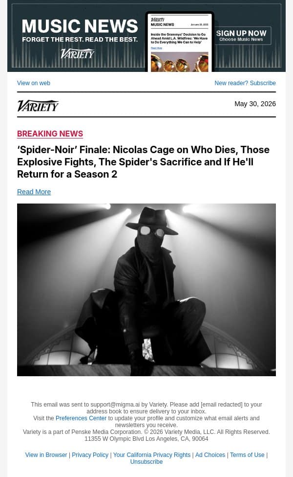 ‘Spider-Noir’ Finale: Nicolas Cage on Who Dies, Those Explosive Fights, The Spider's Sacrifice and If He'll Return for a Season 2 email from Variety screenshot