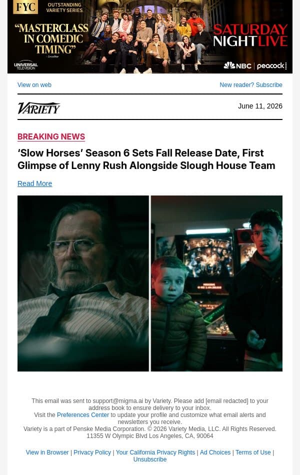 ‘Slow Horses’ Season 6 Sets Fall Release Date, First Glimpse of Lenny Rush Alongside Slough House Team email from Variety screenshot