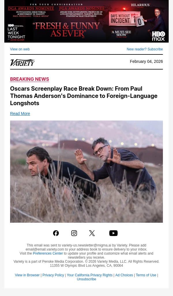 Oscars Screenplay Race Break Down: From Paul Thomas Anderson's Dominance to Foreign-Language Longshots email from Variety screenshot