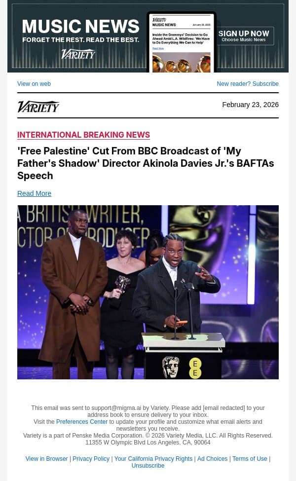 'Free Palestine' Cut From BBC Broadcast of 'My Father's Shadow' Director Akinola Davies Jr.'s BAFTAs Speech email from Variety screenshot