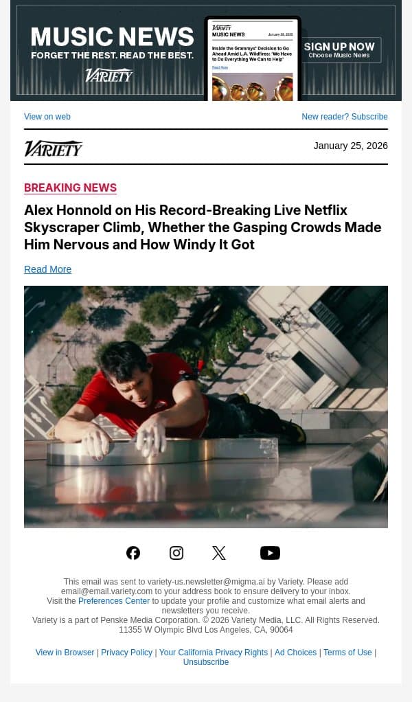 Alex Honnold on His Record-Breaking Live Netflix Skyscraper Climb, Whether the Gasping Crowds Made Him Nervous and How Windy It Got email from Variety screenshot
