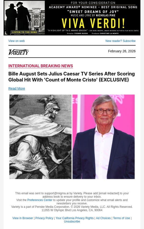 Bille August Sets Julius Caesar TV Series After Scoring Global Hit With 'Count of Monte Cristo' (EXCLUSIVE) email from Variety screenshot