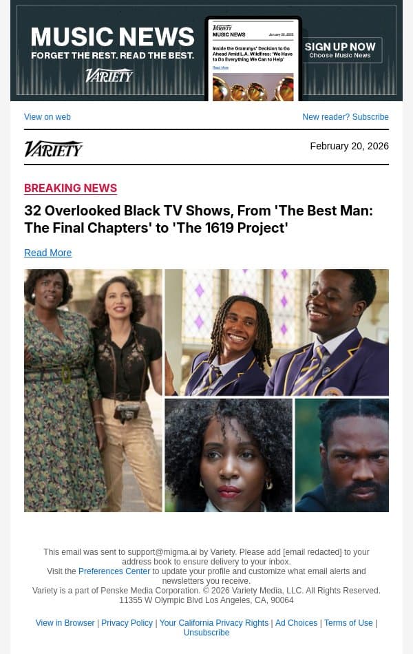 32 Overlooked Black TV Shows, From 'The Best Man: The Final Chapters' to 'The 1619 Project' email from Variety screenshot