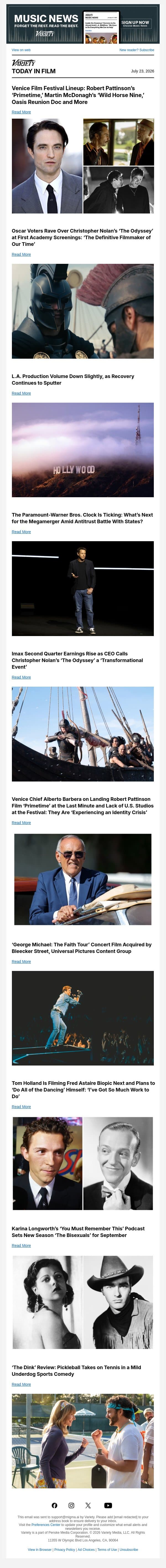 Venice Lineup; Oscar Voters Praise 'The Odyssey'; L.A. Production Dips email from Variety screenshot