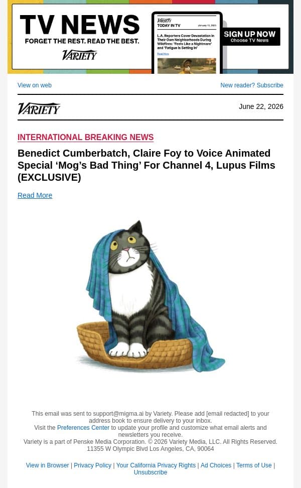 Benedict Cumberbatch, Claire Foy to Voice Animated Special ‘Mog’s Bad Thing’ For Channel 4, Lupus Films (EXCLUSIVE) email from Variety screenshot