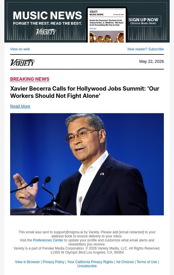 Xavier Becerra Calls for Hollywood Jobs Summit: 'Our Workers Should Not Fight Alone' email from Variety screenshot
