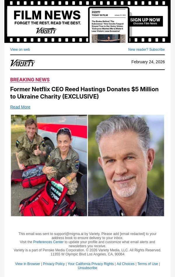 Former Netflix CEO Reed Hastings Donates $5 Million to Ukraine Charity (EXCLUSIVE) email from Variety screenshot