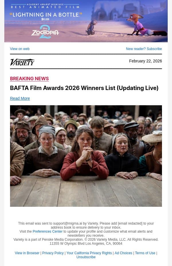 Jessie Buckley Wins BAFTA Leading Actress Award for 'Hamnet' email from Variety screenshot