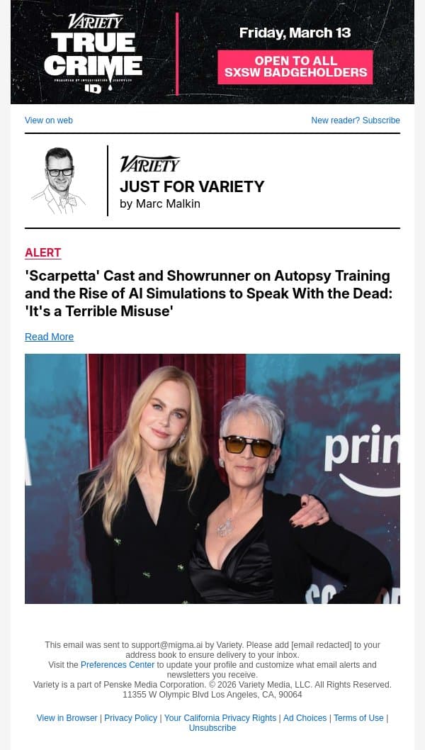 'Scarpetta' Cast and Showrunner on Autopsy Training and the Rise of AI Simulations to Speak With the Dead: 'It's a Terrible Misuse' email from Variety screenshot