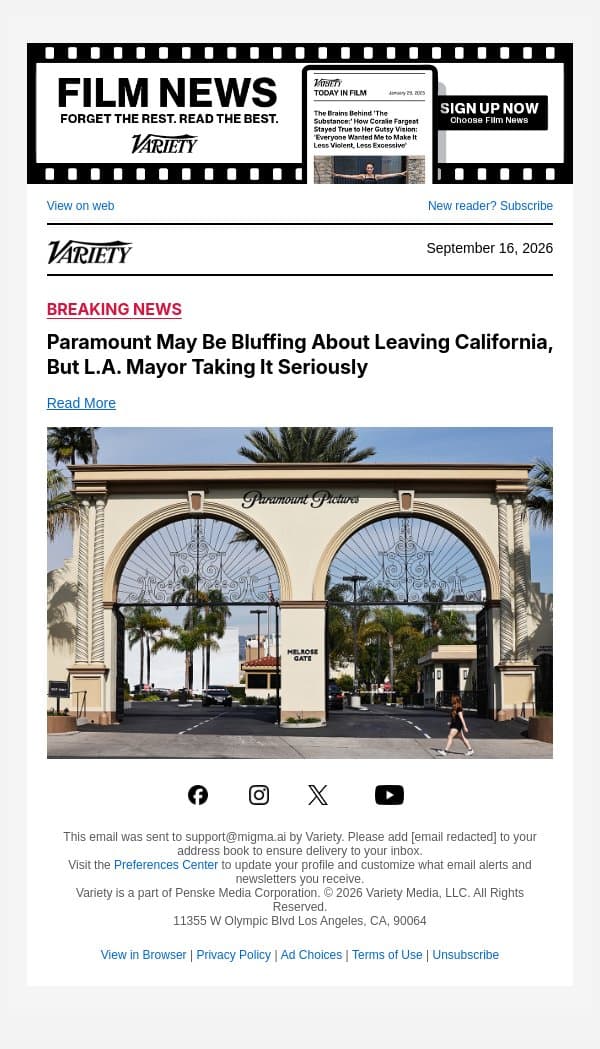 Paramount May Be Bluffing About Leaving California, But L.A. Mayor Taking It Seriously email from Variety screenshot