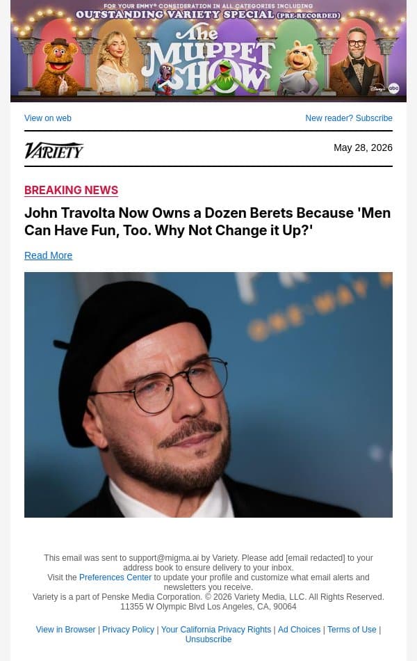 John Travolta Now Owns a Dozen Berets Because 'Men Can Have Fun, Too. Why Not Change it Up?' email from Variety screenshot