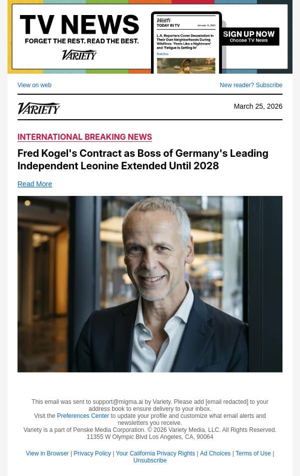 Fred Kogel's Contract as Boss of Germany's Leading Independent Leonine Extended Until 2028 email from Variety screenshot