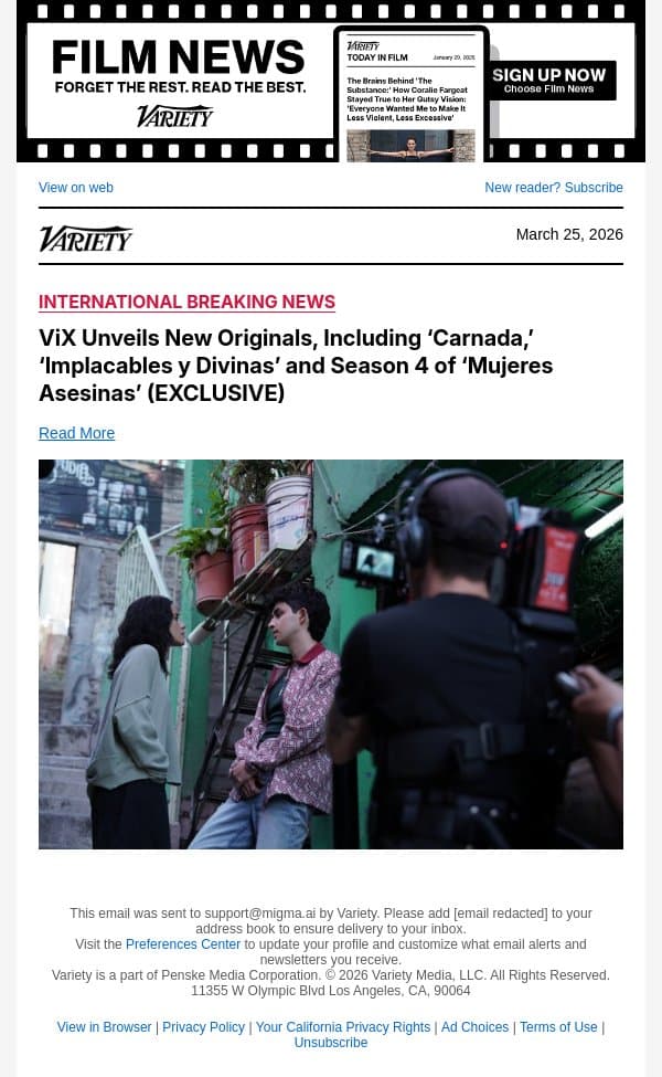 ViX Unveils New Originals, Including ‘Carnada,’ ‘Implacables y Divinas’ and Season 4 of ‘Mujeres Asesinas’ (EXCLUSIVE) email from Variety screenshot