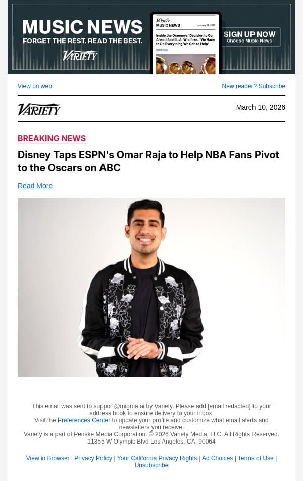 Disney Taps ESPN's Omar Raja to Help NBA Fans Pivot to the Oscars on ABC email from Variety screenshot