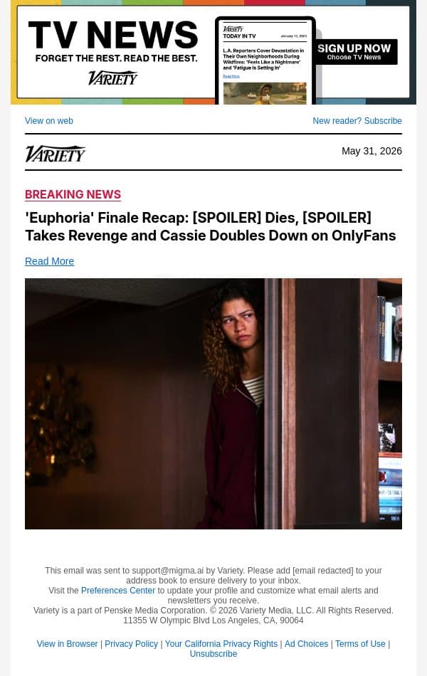 'Euphoria' Finale Recap: [SPOILER] Dies, [SPOILER] Takes Revenge and Cassie Doubles Down on OnlyFans email from Variety screenshot