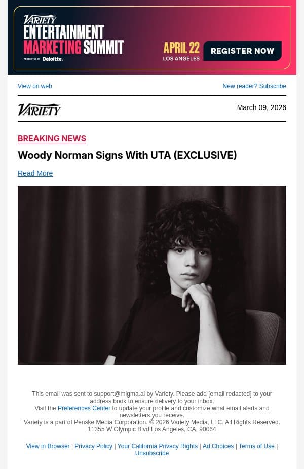 Woody Norman Signs With UTA (EXCLUSIVE) email from Variety screenshot