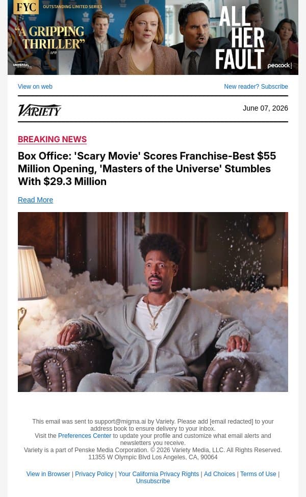 Box Office: 'Scary Movie' Scores Franchise-Best $55 Million Opening, 'Masters of the Universe' Stumbles With $29.3 Million email from Variety screenshot