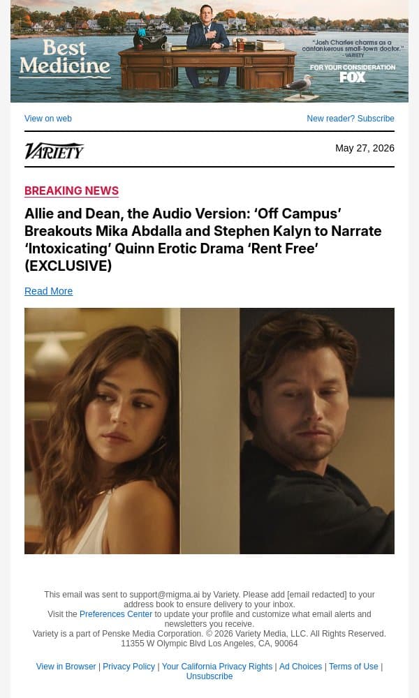 Allie and Dean, the Audio Version: ‘Off Campus’ Breakouts Mika Abdalla and Stephen Kalyn to Narrate ‘Intoxicating’ Quinn Erotic Drama ‘Rent Free’ (EXCLUSIVE) email from Variety screenshot
