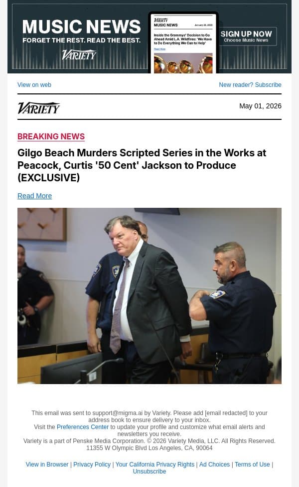 Gilgo Beach Murders Scripted Series in the Works at Peacock, Curtis '50 Cent' Jackson to Produce (EXCLUSIVE) email from Variety screenshot