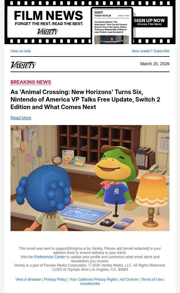 As 'Animal Crossing: New Horizons' Turns Six, Nintendo of America VP Talks Free Update, Switch 2 Edition and What Comes Next email from Variety screenshot