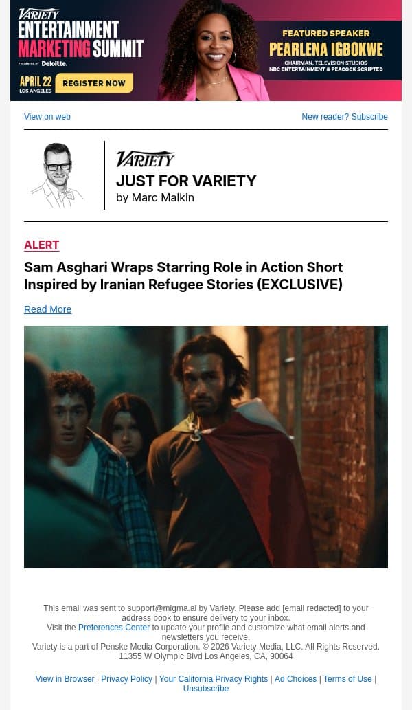 Sam Asghari Wraps Starring Role in Action Short Inspired by Iranian Refugee Stories (EXCLUSIVE) email from Variety screenshot