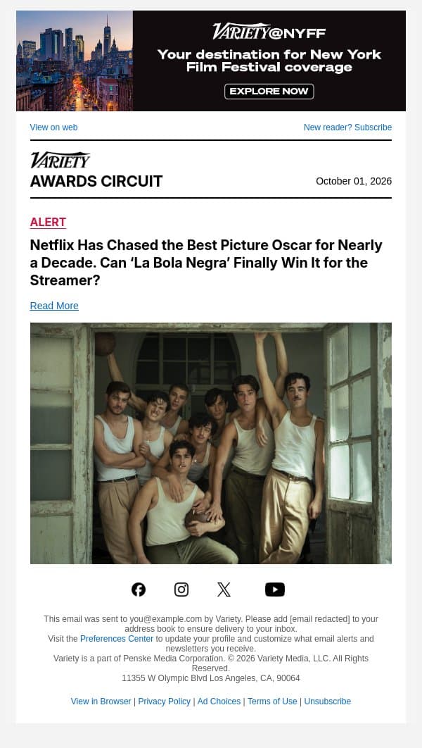 Netflix Has Chased the Best Picture Oscar for Nearly a Decade. Can ‘La Bola Negra’ Finally Win It for the Streamer? email from Variety screenshot