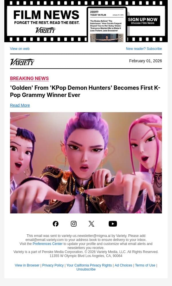 'Golden' From 'KPop Demon Hunters' Becomes First K-Pop Grammy Winner Ever email from Variety screenshot
