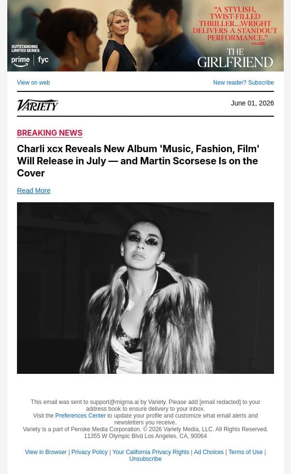 Charli xcx Reveals New Album 'Music, Fashion, Film' Will Release in July — and Martin Scorsese Is on the Cover email from Variety screenshot