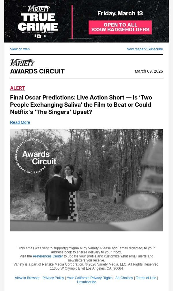 Final Oscar Predictions: Live Action Short — Is ‘Two People Exchanging Saliva’ the Film to Beat or Could Netflix's 'The Singers' Upset? email from Variety screenshot