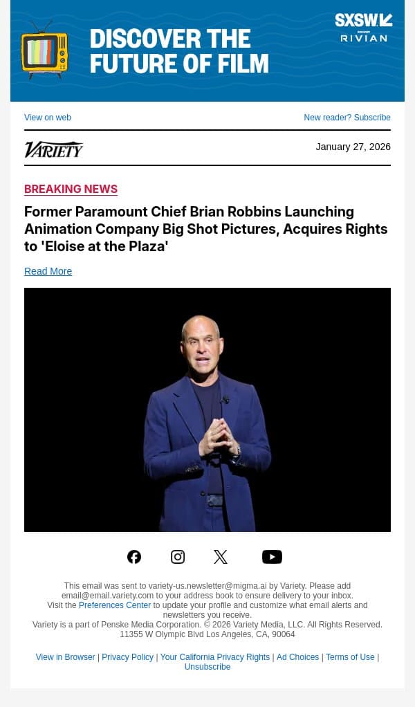 Former Paramount Chief Brian Robbins Launching Animation Company Big Shot Pictures, Acquires Rights to 'Eloise at the Plaza' email from Variety screenshot